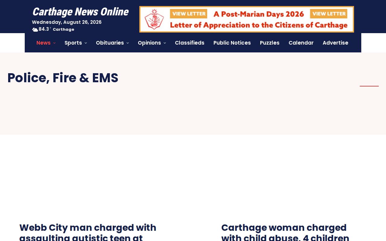 Carthage News Online Police Fire and EMS category covering Jasper County crime news